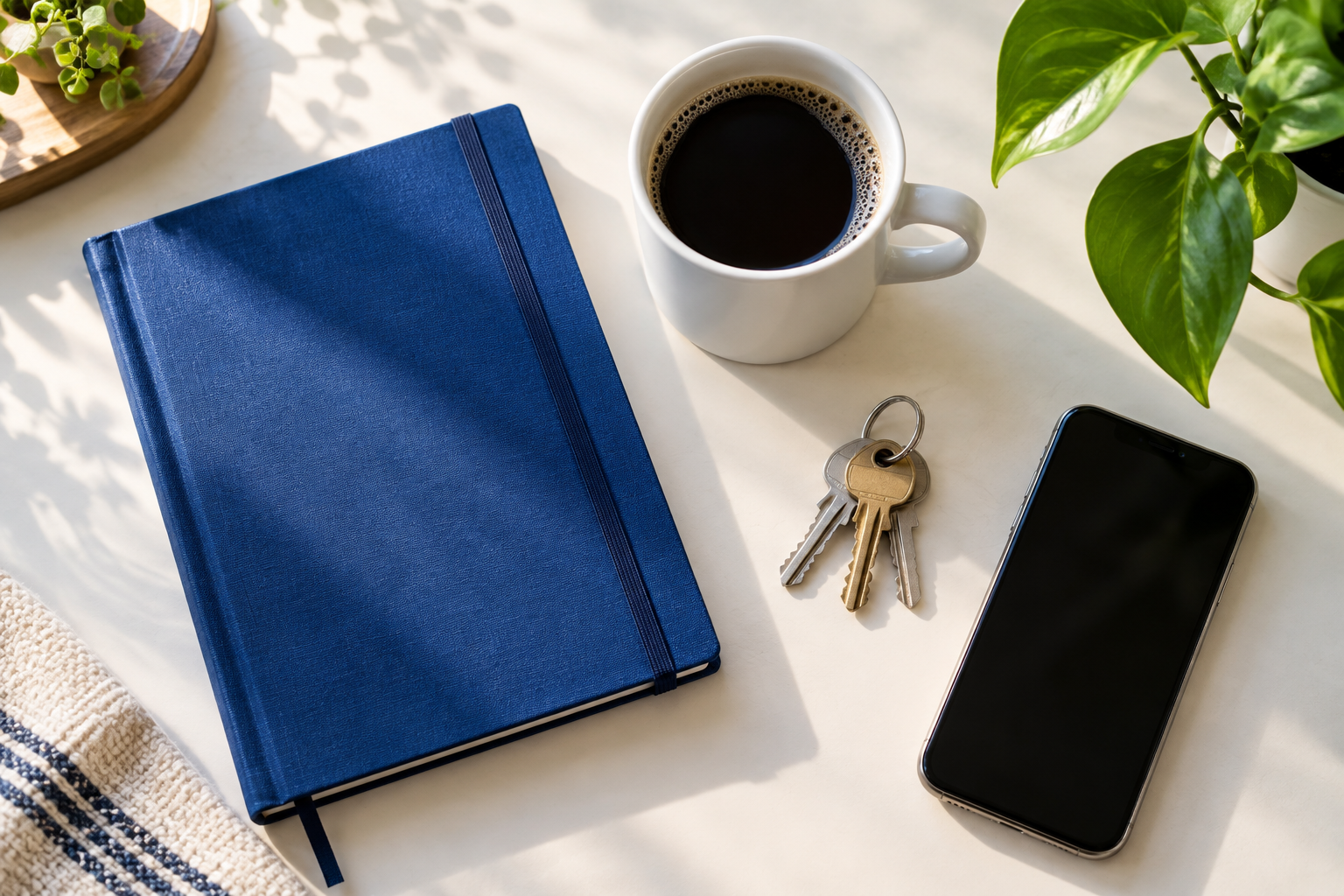 A blue notebook, coffee, keys, and a phone on a sunlit desk